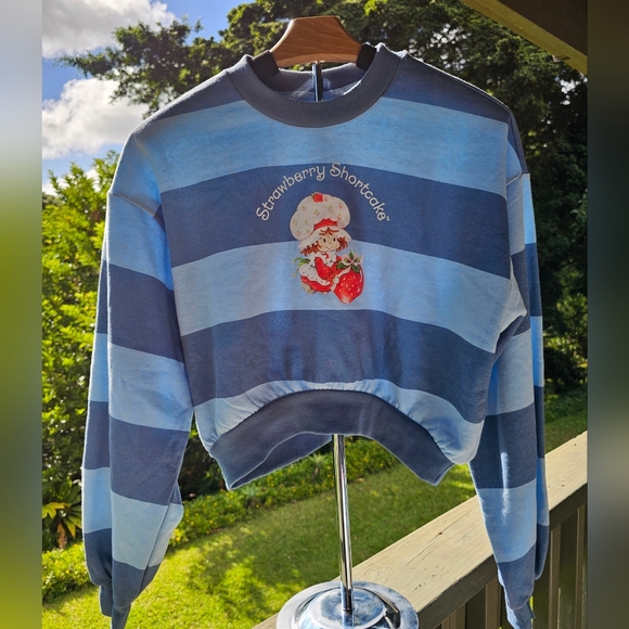 The World of Strawberry Shortcake Tops - Strawberry Shortcake Cropped Fleece Graphic Sweatshirt -Striped Light Blue